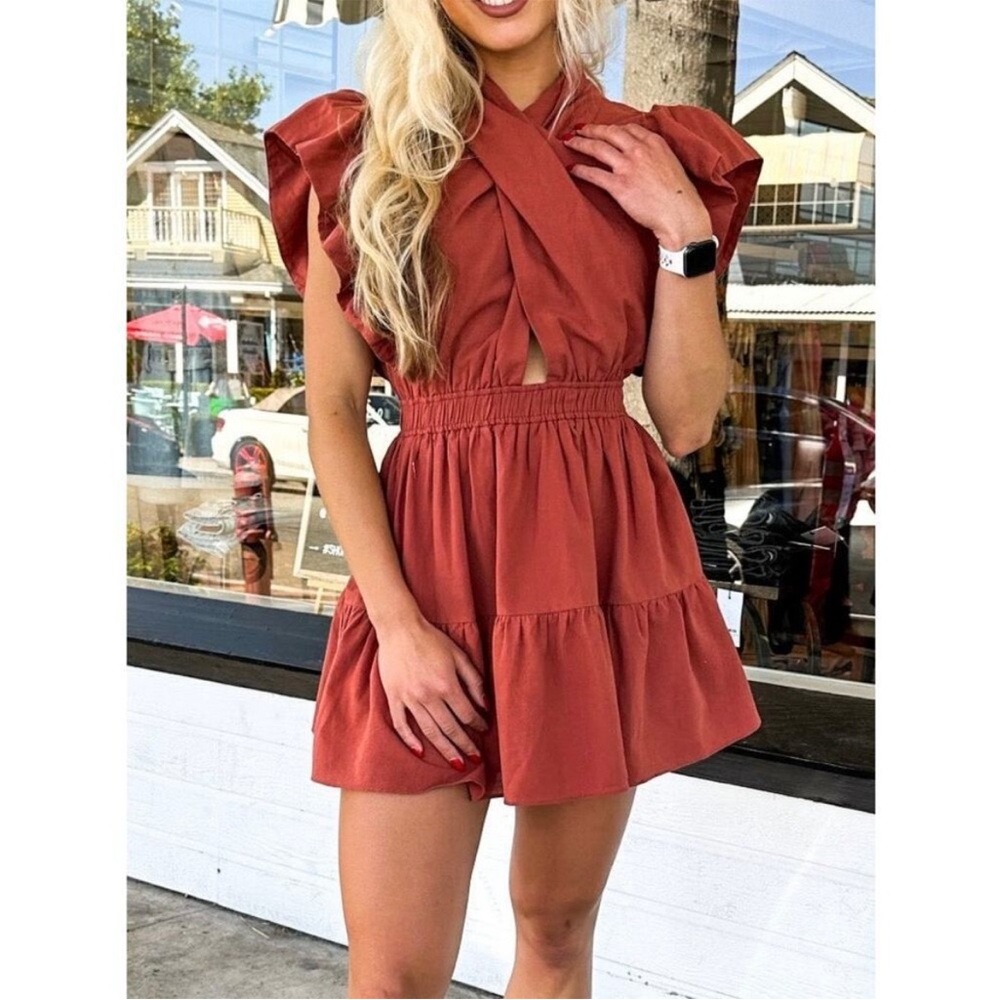 Reset By Jane Hailey Wrapped Mini Dress Redwood Rust Ruffle Halter Cross Sz S